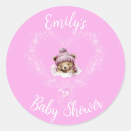 Schnee begeistert Pink Teddy Bear Baby Dusche Runder Aufkleber
