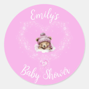 Schnee begeistert Pink Teddy Bear Baby Dusche Runder Aufkleber