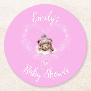 Schnee begeistert Pink Teddy Bear Baby Dusche Runder Pappuntersetzer