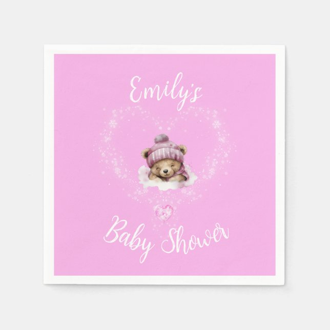 Schnee begeistert Pink Teddy Bear Baby Dusche Serviette (Vorderseite)