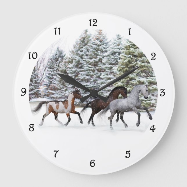 Schnee durch den Schnee stürzen - Laufende Pferde Große Wanduhr (Vorderseite)