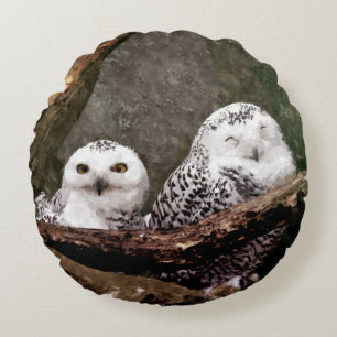 Schnee-Eulen-Paar-Wald-Wildtier-Kunst Rundes Kissen
