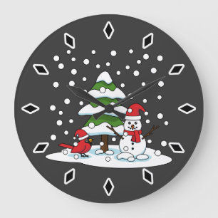 Schnee fällt auf Kardinal, Schneemann und Pine Tre Große Wanduhr