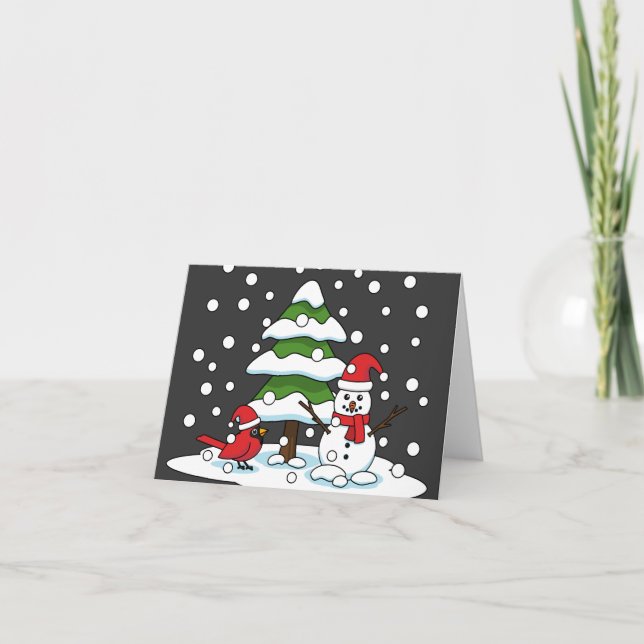Schnee fällt auf Kardinal, Schneemann und Pine Tre Karte (Vorderseite)