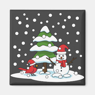 Schnee fällt auf Kardinal, Schneemann und Pine Tre Magnet