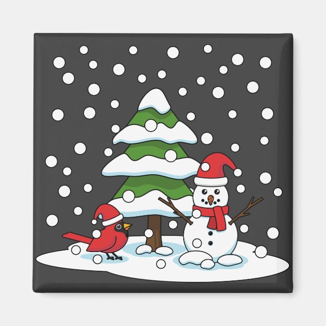 Schnee fällt auf Kardinal, Schneemann und Pine Tre Magnet (Vorne)