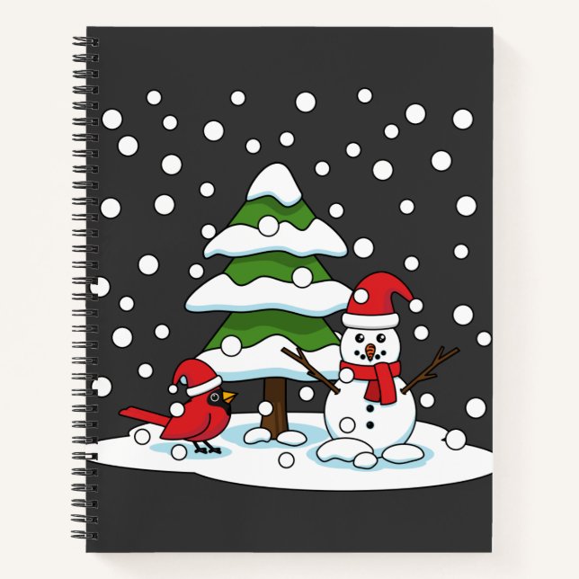 Schnee fällt auf Kardinal, Schneemann und Pine Tre Notizbuch (Vorderseite)