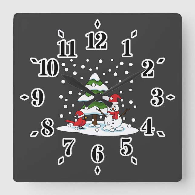 Schnee fällt auf Kardinal, Schneemann und Pine Tre Quadratische Wanduhr (Vorderseite)