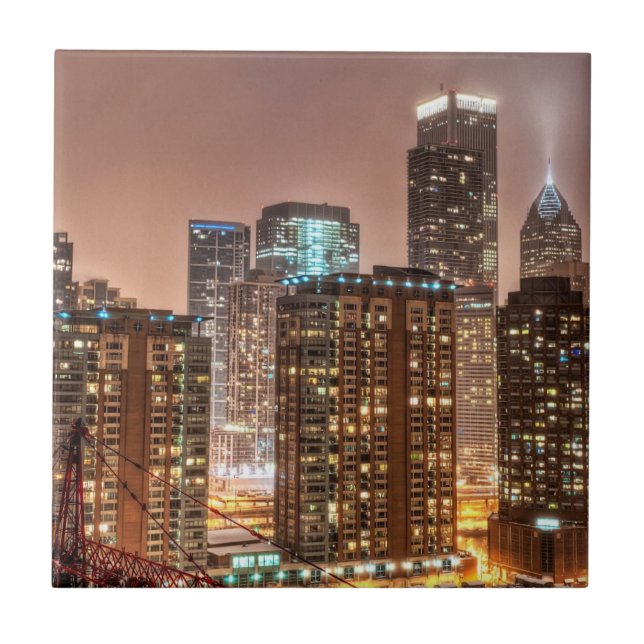 Schnee fällt über Skyline am Abend in Chicago Fliese (Vorderseite)