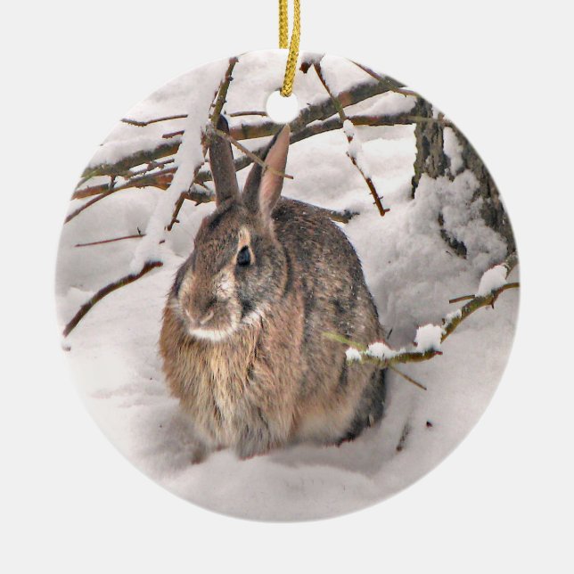 Schnee-Häschen-Weihnachtsverzierung Keramik Ornament (Vorne)