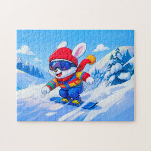 Schnee-Hase Snowboarden auf einem Winterberg