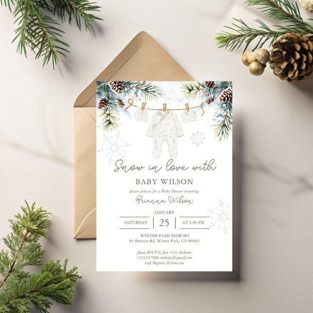 Schnee in der Liebe Schneeflocken Winterbaby Dusch Einladung (Snow in love snowy pines pinecones snowflakes baby clothes line winter baby shower invitation cards)