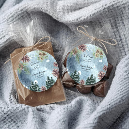 Schnee in der Liebe Schneekiefern Winter Brautpart Runder Aufkleber