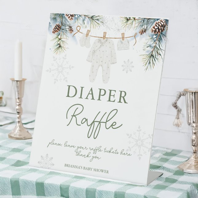 Schnee in der Liebe Winter Baby Dusche Windelpreis Sockelschild (Snow in love baby clothes on a line winter baby shower diaper raffle table pedestal sign)