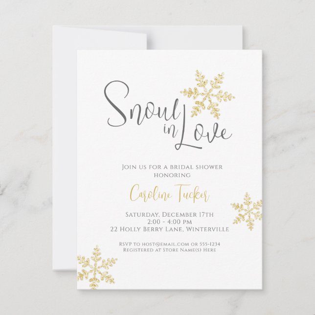 Schnee in Liebe Gold Schneeflocken Bridal Winterdu Einladung (Vorderseite)