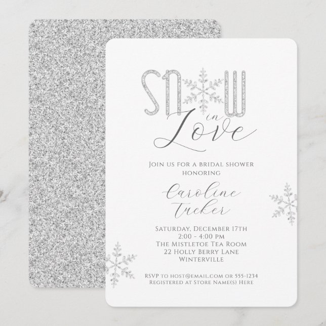Schnee in Liebe Silver Snowflakes Brautparty Einladung (Vorne/Hinten)