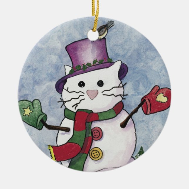 Schnee-Katzen-Weihnachtsverzierung Keramik Ornament (Vorne)