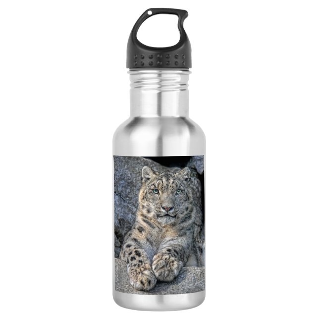 Schnee-Leopard nach Augen Edelstahlflasche (Vorderseite)