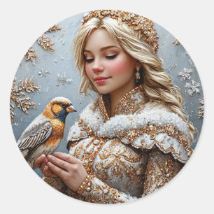 ❄️ Schnee-Mädchen-Vogel-Aufkleber Winter-Feengabe Runder Aufkleber