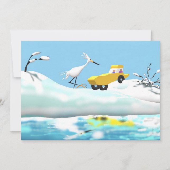 Schnee-Reiher und hölzernes Spielzeug-Auto Dankeskarte (Vorderseite)