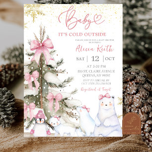 Schnee Rosa Winter Arktische Tiere Baby Shower Einladung