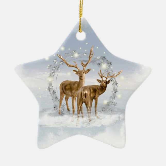Schnee-Rotwild-Weihnachtsverzierung Keramikornament (Vorne)