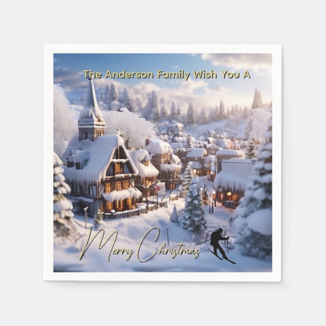 Schnee-Ski-Chalets editierbarer Weihnachtsgruß Serviette (Vorderseite)