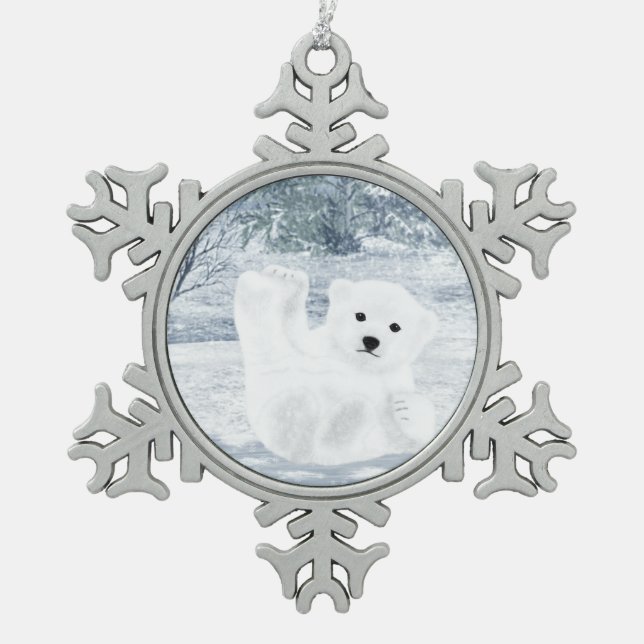 Schnee-Spaß - Eisbär CUB, Schneeflocken Zinn-Ornament (Vorderseite)