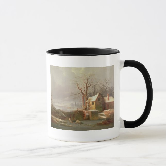Schnee-Szene mit Mühle und Hütten Tasse (Rechts)
