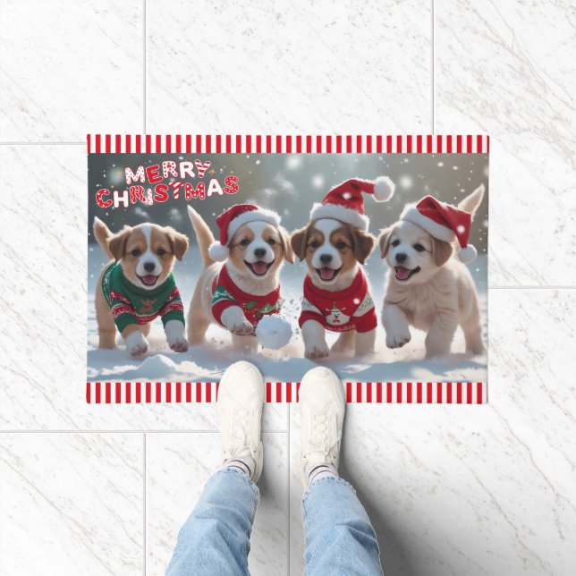 Schnee viel Spaß Welpen spielen Schnee Weihnachten Fußmatte (Indoor)