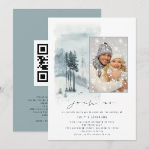 Schnee Wald Foto Komm Mit uns QR Code Blau Hochzei Einladung