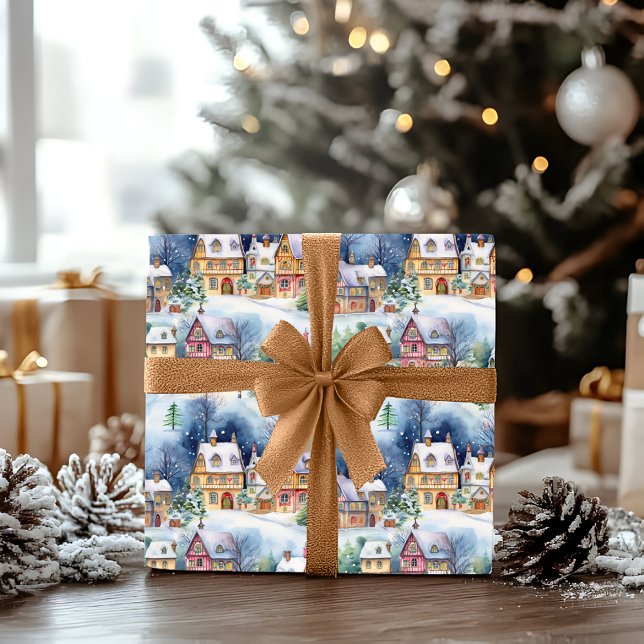 Schnee Winter Bayerisches Dorf Weihnachtsfeiertag Geschenkpapier (Snowy Winter Wonderland Bavarian Village Landscape Christmas Holiday Multi-Colored Wrapping Paper)