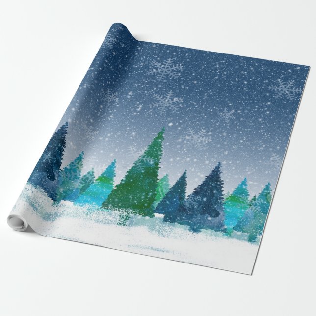 Schnee Winter Weihnachten Blau & Grüne Szene Geschenkpapier (Ungerollt)