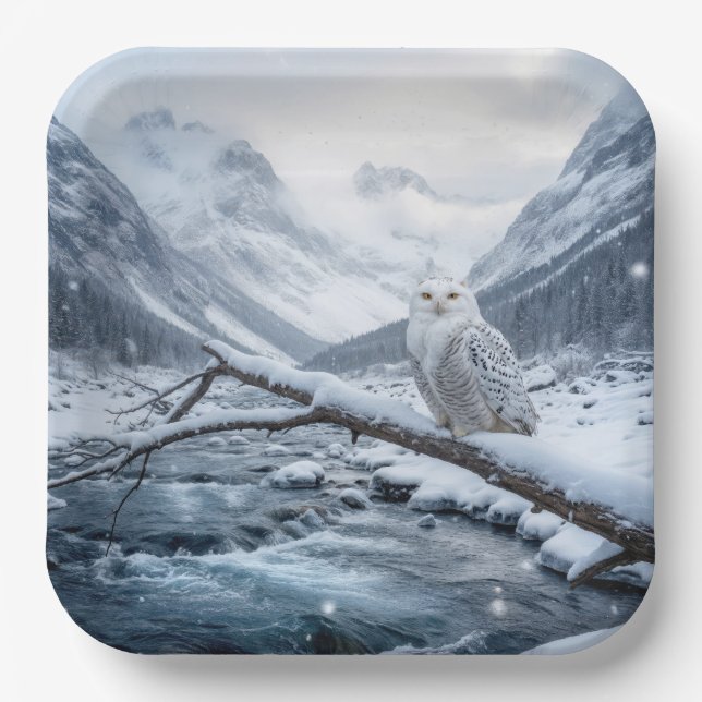 Schneeauschale auf einem Winterbaumzweig Pappteller (Vorderseite)