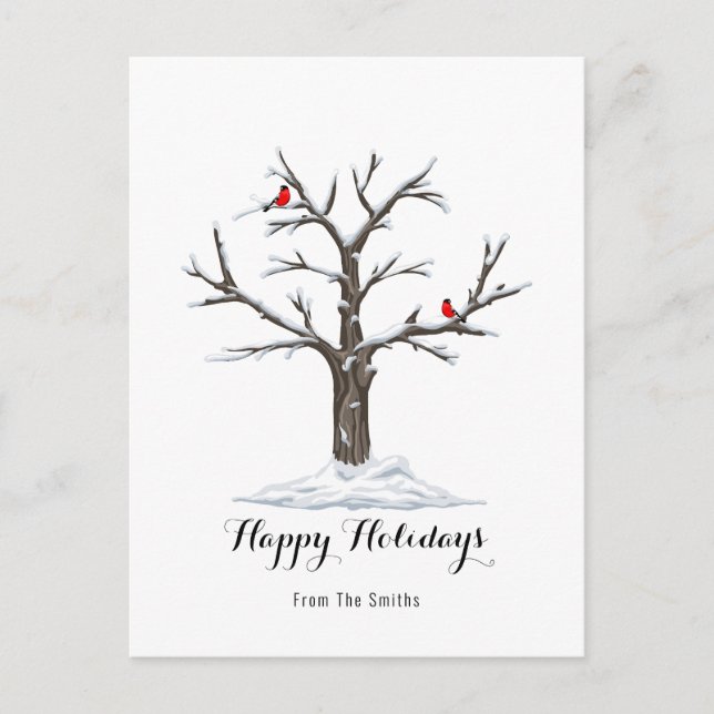 Schneebaum und Rote Vögel Weihnachtsfest Postkarte (Vorderseite)