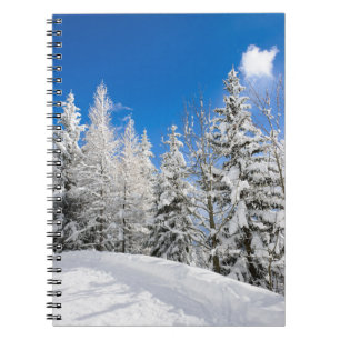 Schneebäume unter einem klaren Notizbuch des Notizblock