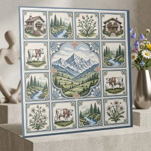 Schneebedeckte Alpen, rollende Wiesen, Kühe, rusti Fliese