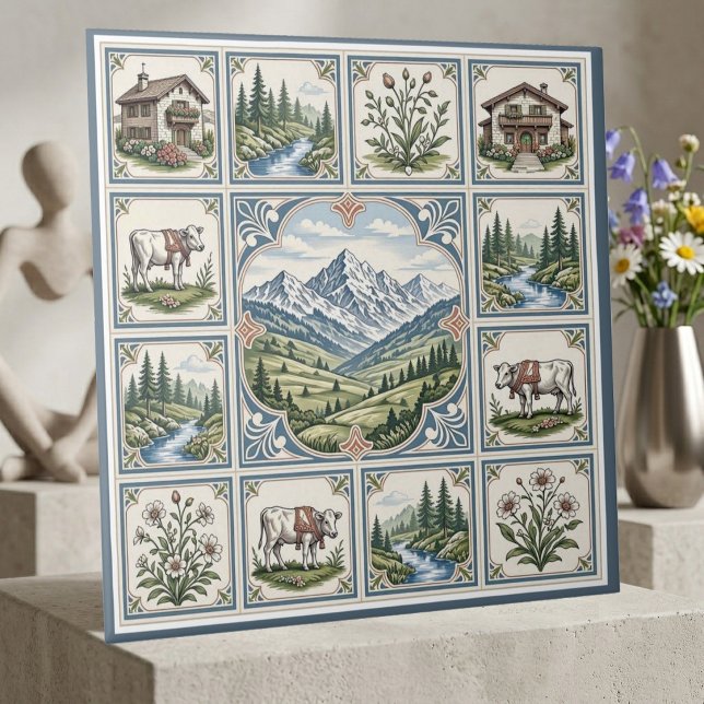 Schneebedeckte Alpen, rollende Wiesen, Kühe, rusti Fliese (Snow Alpine Rolling Meadows Cows Rustic Chalet Art Ceramic Tile)