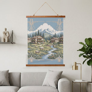 Schneebedeckte Alpenwolken Kiefern Bäume Land Wies Wandteppich Mit Holzrahmen