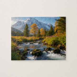 Schneebedeckte Bergbach-Landschaftspuzzle