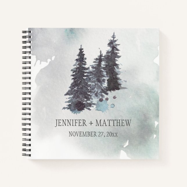 Schneebedeckte Berge Pinienbäume Hochzeiten Gast Notizbuch (Vorderseite)