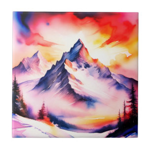 Schneebedeckte Berge roter Himmel Aquarell Fliese