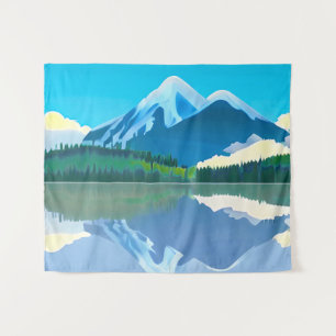 Schneebedeckte Berge spiegeln sich in einem See Wandteppich
