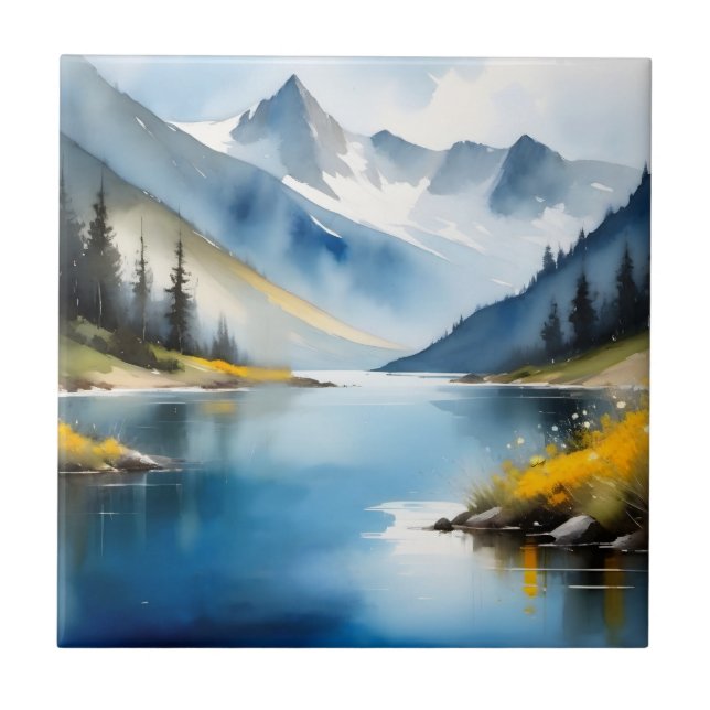 Schneebedeckte Berge und See Fliese (Vorderseite)