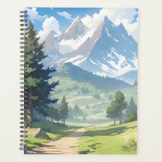 Schneebedeckte Berge und üppiger Grünwald Planer (Vorderseite)