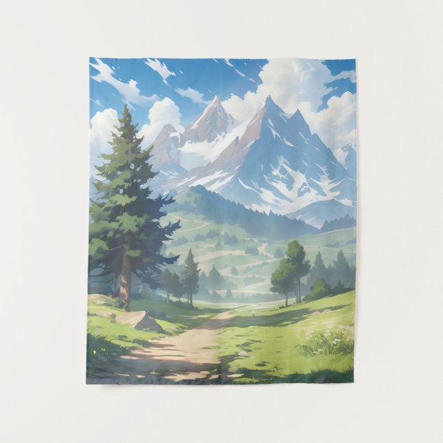 Schneebedeckte Berge und üppiger Grünwald Wandteppich (Vorderseite)