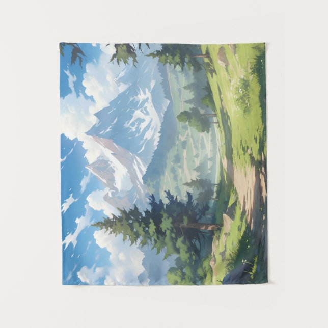 Schneebedeckte Berge und üppiger Grünwald Wandteppich (Vorderseite)