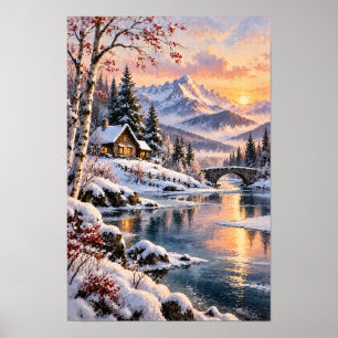 Schneebedeckte Berghütte und steinerne Brücke Sonn Poster