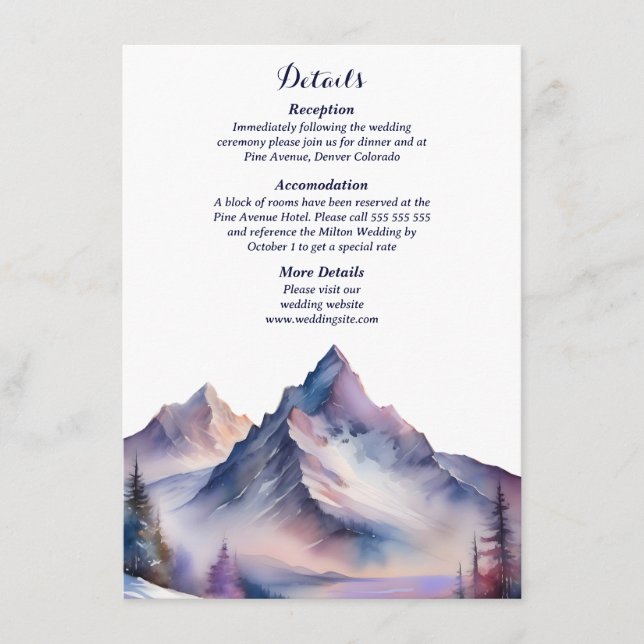 Schneebedeckte Berglandschaft Hochzeit Begleitkarte (Vorderseite)