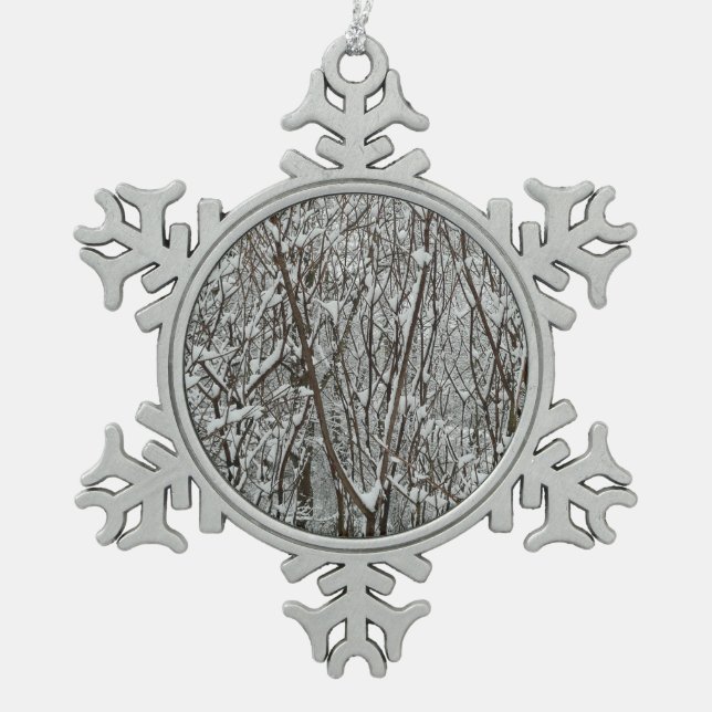 Schneebedeckte Branchen Winter Abstrakt Schneeflocken Zinn-Ornament (Vorderseite)